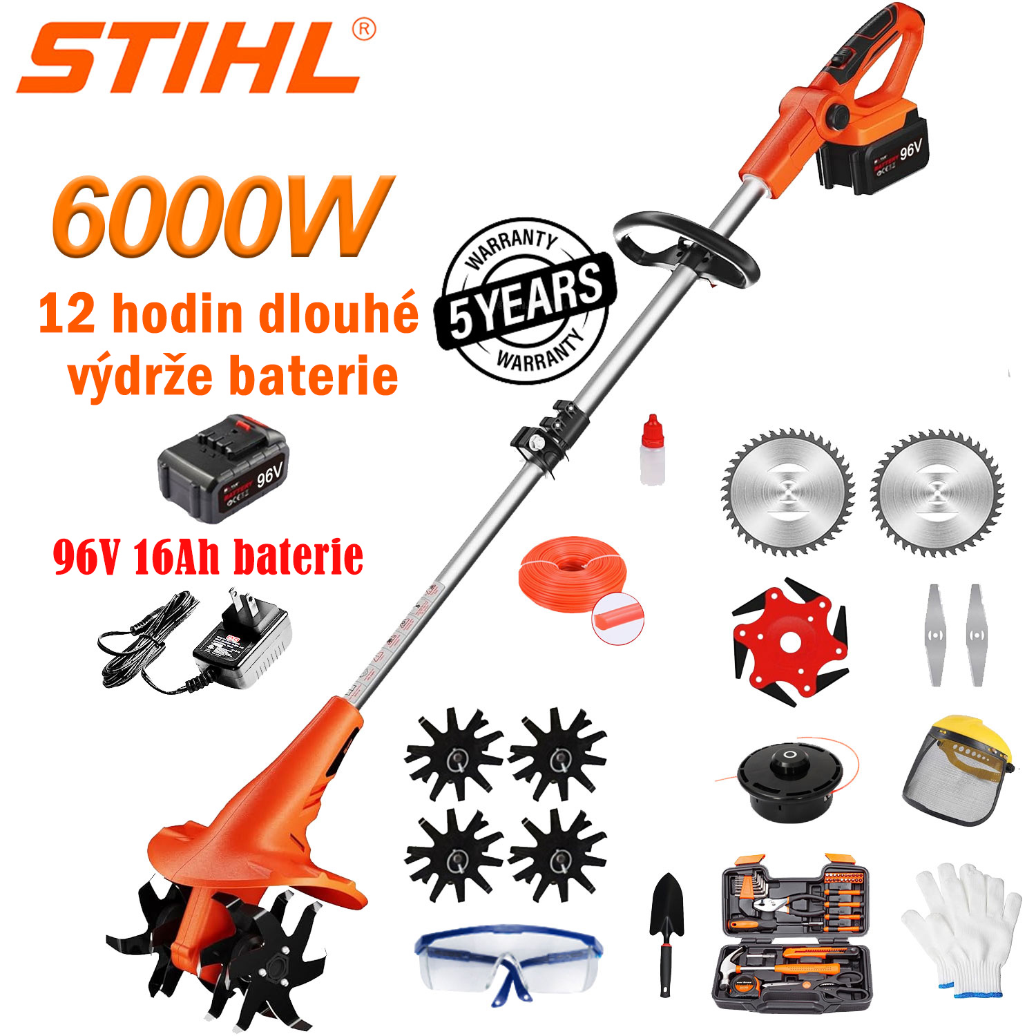 6000W lithiová baterie + 96V lithiová baterie * 1 + rychlonabíječka * 1 + kotoučová hlava * 4 + kompletní sada příslušenství