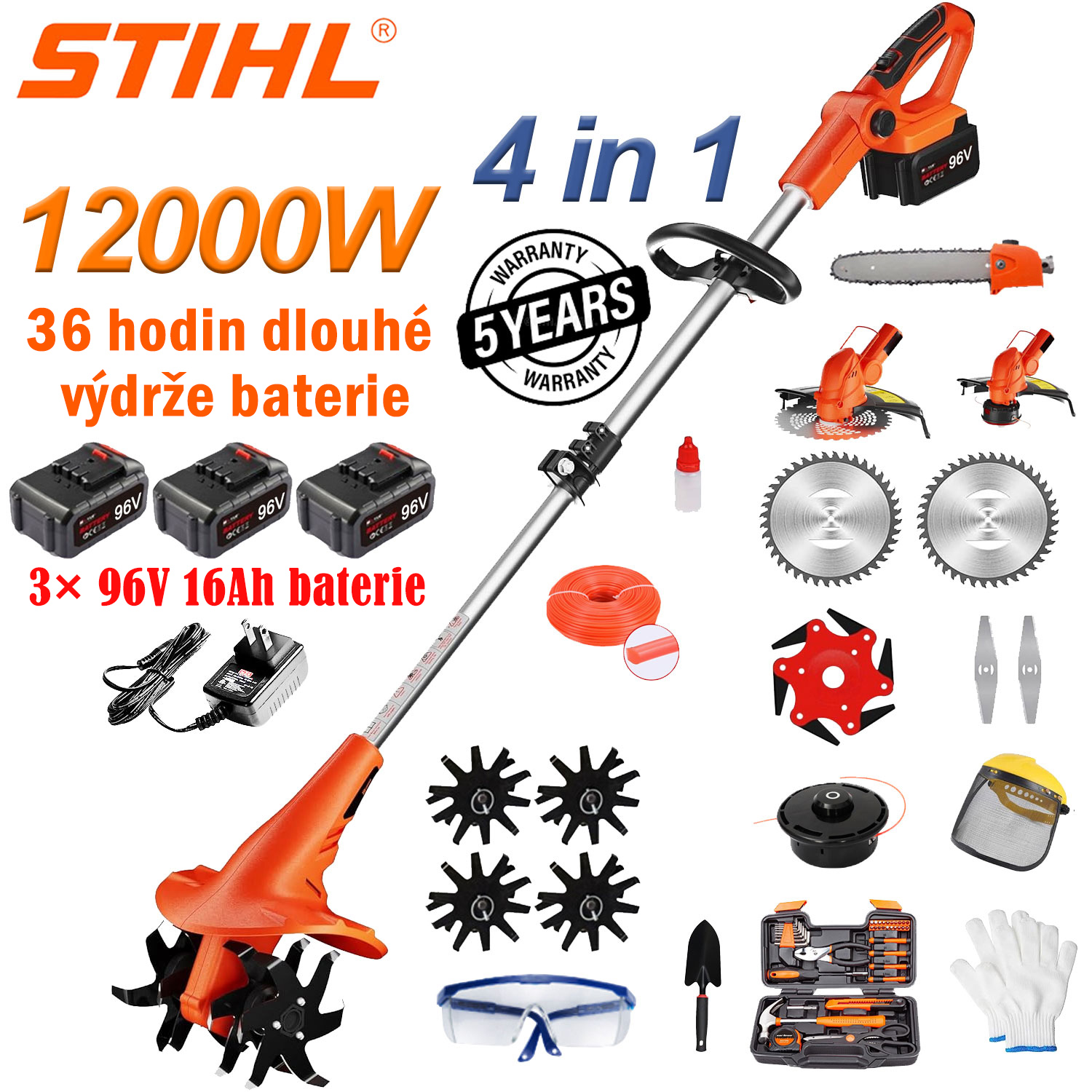 Mikroobráběcí stroj 4 v 1 s lithium-iontovou baterií o výkonu 12 000 W (sekání, prořezávání atd.) + 3 x 96V lithiové baterie + 1 rychlonabíječka + 4 obráběcí hlavy + 2 řezací hlavy + 1 slitinový nůž + 2 kulaté nože + 3 rovné nože + 1 řezací hlava + 3 kusy příslušenství k nářadí