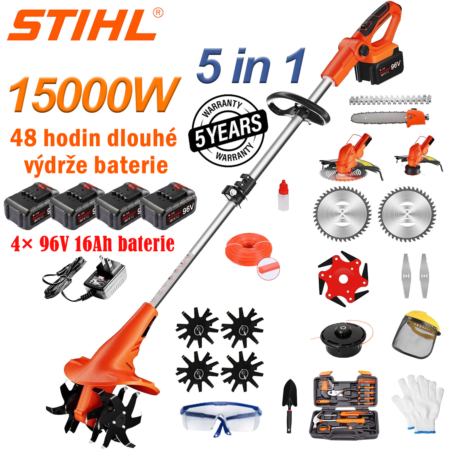 Kultivátor 5 v 1 s lithiovou baterií 15 000 W (kácení, prořezávání stromů, zpracování půdy atd.) + lithiová baterie 96 V * 4 ks + rychlonabíječka * 1 ks + hlava na zpracování půdy * 4 ks + řezací hlava * 2 ks + hliníkový nůž * 1 ks + kruhový nůž * 2 ks + rovný nůž * 2 ks + pilový kotouč + spirálová hlava + řezací hlava * 1 ks + 3 ks příslušenství + řezací hlava * 1 ks + 3 ks příslušenství